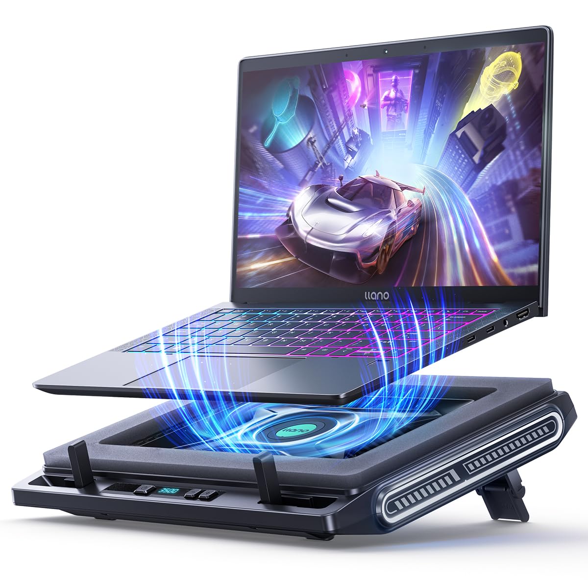llano Laptop Cooler Gaming Laptop Cooling Pad with 3500RPM Turbofan 4.72 Inch External Fan Laptop Stand Adjustable Variable Speed Button Control Seal Foam for Rapid Laptop13-17.3in V10 Black