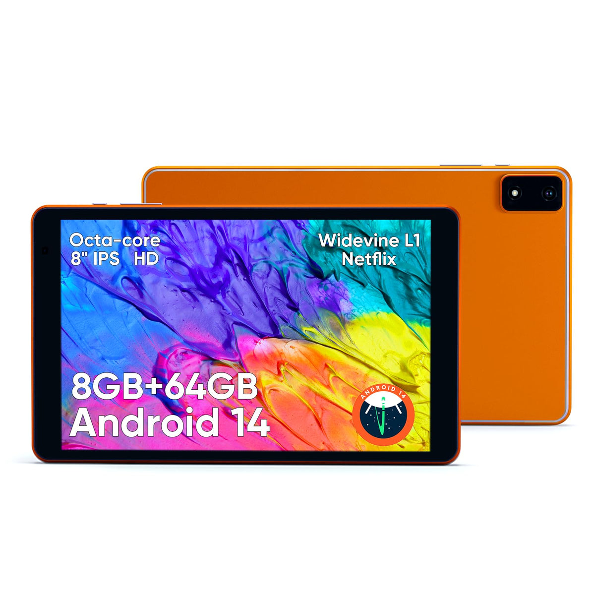 8 inch Tablet Metal Body Octa-Core Processor Android 14 Tablet  8GB RAM 4000mAh Battery 64GB Storage 6 FT Charging Cable Reinforced Type-C Port 10W Charging Adapter Dual-speakers Orange