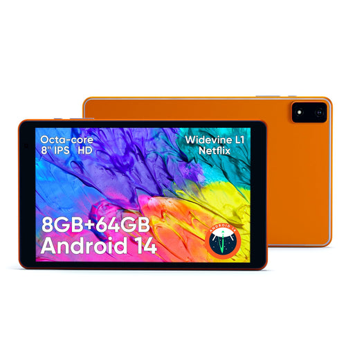 8 inch Tablet Metal Body Octa-Core Processor Android 14 Tablet  8GB RAM 4000mAh Battery 64GB Storage 6 FT Charging Cable Reinforced Type-C Port 10W Charging Adapter Dual-speakers Orange